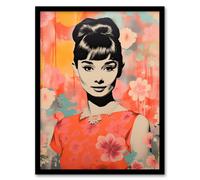 Artery8 Audrey Smiling Floral Artwork Pastel Colour Orange Pink Blue Hollywood Star Flower Portrait Artwork Framed Wall Art Print A4