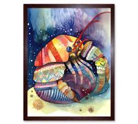 Artery8 Wall Art Print Hermit Crab Folk Art Watercolour Painting Art Framed in Brown | Size: W12" x H16" Artery8 Brown W12" x H16"