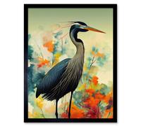 Artery8 Heron Bird In Flower Field Colourful Teal Orange Navy Framed Wall Art Print