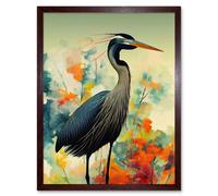 Artery8 Wall Art Print Heron Bird in Abstract Flower Field Colourful Teal Orange Navy Art Framed in Brown | Size: W12" x H16" Artery8 Brown W12" x H16"