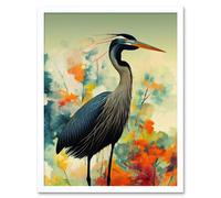 Artery8 Wall Art Print Heron Bird in Abstract Flower Field Colourful Teal Orange Navy Art Framed in White | Size: W12" x H16" Artery8 White W12" x H16"