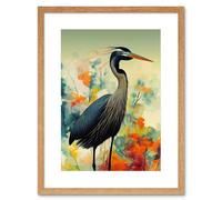 Artery8 Wall Art Print Heron Bird in Abstract Flower Field Colourful Teal Orange Navy Artwork Framed 9X7 Inch in Beige | Size: W7" x H9" Artery8 Beige W7" x H9"