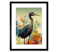Artery8 Wall Art Print Heron Bird in Abstract Flower Field Colourful Teal Orange Navy Artwork Framed 9X7 Inch in Black | Size: W7" x H9" Artery8 Black W7" x H9"