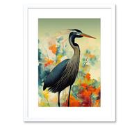 Artery8 Wall Art Print Heron Bird in Abstract Flower Field Colourful Teal Orange Navy Artwork Framed 9X7 Inch in White | Size: W7" x H9" Artery8 White W7" x H9"