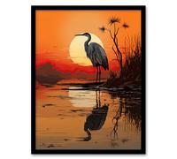 Artery8 Wall Art Print Heron in Coastal Landscape Lake Sunset Red Orange Artwork Framed Art | Size: A4 Artery8 Orange A4