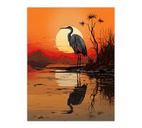 Wall Art Print Heron in Coastal Landscape Lake Sunset Red Orange Artwork Poster Artery8 Orange W24 inch x H32 inch