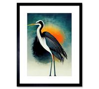 Artery8 Wall Art Print Heron Monochrome Bird Portrait Orange Sunrise Acrylic Paint Artwork Framed 9X7 Inch in Black | Size: W7" x H9" Artery8 Black W7" x H9"