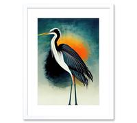 Artery8 Wall Art Print Heron Monochrome Bird Portrait Orange Sunrise Acrylic Paint Artwork Framed 9X7 Inch in White | Size: W7" x H9" Artery8 White W7" x H9"