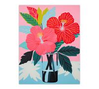 Artery8 Wall Art Print Hibiscus Flowers in Vase Stylised Graphic Painting Pink Blue Green Still Life Poster | Size: W12" x H16" Artery8 Pink W12" x H16"