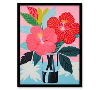 Artery8 Wall Art Print Hibiscus Flowers in Vase Stylised Graphic Painting Pink Blue Green Still Life Artwork Framed | Size: W12" x H16" Artery8 Pink W12" x H16"