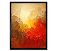 Artery8 Wall Art Print Hidden Village Autumn Forest Warm Glow Watercolour Art Framed in Black | Size: W12" x H16" Artery8 Black W12" x H16"