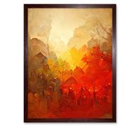 Artery8 Wall Art Print Hidden Village Autumn Forest Warm Glow Watercolour Art Framed in Brown | Size: W12" x H16" Artery8 Brown W12" x H16"