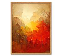 Artery8 Wall Art Print Hidden Village Autumn Forest Warm Glow Watercolour Art Framed in Light Oak | Size: W12" x H16" Artery8 Light Oak W12" x H16"