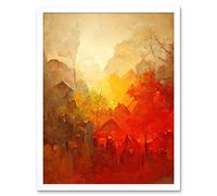 Artery8 Wall Art Print Hidden Village Autumn Forest Warm Glow Watercolour Art Framed in White | Size: W12" x H16" Artery8 White W12" x H16"