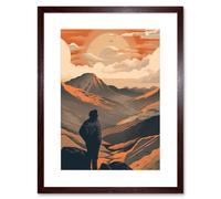 Artery8 Wall Art Print Hike to the Top Hiker on Mountain Peak Landscape Artwork Framed 9X7 Inch in Brown | Size: W7" x H9" Artery8 Brown W7" x H9"