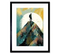 Artery8 Wall Art Print Hiker on Mountain Peak Modern Watercolour Painting Artwork Framed 9X7 Inch in Black | Size: W7" x H9" Artery8 Black W7" x H9"