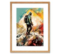 Artery8 Wall Art Print Hiker Reaching Mountain Peak Modern Oil Painting Artwork Framed 9X7 Inch in Beige | Size: W7" x H9" Artery8 Beige W7" x H9"