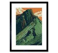 Artery8 Wall Art Print Hiking The Striding Edge Orange And Green Linocut Artwork Framed 9X7 Inch