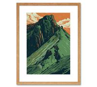 Artery8 Wall Art Print Hiking the Striding Edge Orange & Green Linocut Artwork Framed 9X7 Inch in Beige | Size: W7" x H9" Artery8 Beige W7" x H9"