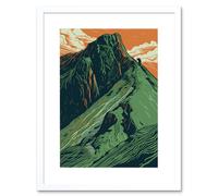 Artery8 Wall Art Print Hiking the Striding Edge Orange & Green Linocut Artwork Framed 9X7 Inch in White | Size: W7" x H9" Artery8 White W7" x H9"