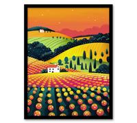 Artery8 Wall Art Print Hill Farm Sunset Orange Pink Green Pop Art Design Art Framed Poster in Black | Size: W12" x H16" Artery8 Black W12" x H16"