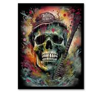 Artery8 Wall Art Print Hillbilly Music Artwork Rockabilly Country Metal Skull With Electric Guitar Vibrant Painting Art Framed | Size: A4 Artery8 Multicolor A4