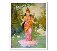 Artery8 Wall Art Print Hindu Deity Goddess Lakshmi Raja Ravi Varma Lotus Elephants Oleograph Painting Art Framed in White | Size: W12" x H16" Artery8 White W12" x H16"