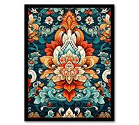 Wall Art Print Hindu Floral Pattern Close Up Detail Ornate Design in Amber and Blue Artwork Framed Artery8 Multi A4