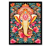 Artery8 Hindu Floral Pattern with Elephant Vibrant Painting Orange Pink Blue Ganesha Ornate Flower Design Artwork Framed Wall Art Print A4