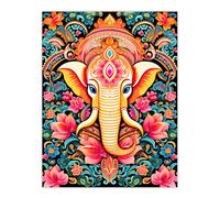 Artery8 Wall Art Print Hindu Floral Pattern with Elephant Vibrant Painting Orange Pink Blue Ganesha Ornate Flower Design Poster | Size: W12" x H16" Artery8 Multicolor W12" x H16"