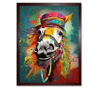 Artery8 Wall Art Print Hippie Horse with Multicoloured Hat & Bridles Art Framed in Brown | Size: W12" x H16" Artery8 Brown W12" x H16"