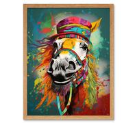 Artery8 Wall Art Print Hippie Horse with Multicoloured Hat & Bridles Art Framed in Light Oak | Size: W12" x H16" Artery8 Light Oak W12" x H16"