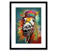 Artery8 Wall Art Print Hippie Horse with Multicoloured Hat & Bridles Artwork Framed 9X7 Inch in Black | Size: W7" x H9" Artery8 Black W7" x H9"