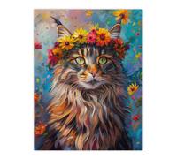 Artery8 Wall Art Print Hippy Maine Coon Cat in Flower Crown Fun Abstract Poster | Size: W12" x H16" Artery8 Multicolor W12" x H16"