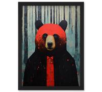 Artery8 Hipster Red Bear Artwork Oil Painting Black Blue Artwork Forest Trees Artwork Framed Wall Art Print A4