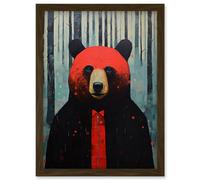 Artery8 Hipster Red Bear Artwork Oil Painting Black Blue Artwork Forest Trees Artwork Framed Wall Art Print A4