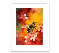 Artery8 Wall Art Print Honey Bee on Abstract Flower Bed Oil Painting Artwork Framed 9X7 Inch in White | Size: W7" x H9" Artery8 White W7" x H9"
