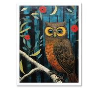 Artery8 Wall Art Print Horned Owl on Blue Artwork Autumn Tones Detailed Oil Painting Hoot Art Framed in White | Size: W12" x H16" Artery8 White W12" x H16"