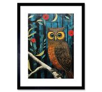 Artery8 Wall Art Print Horned Owl on Blue Artwork Autumn Tones Detailed Oil Painting Hoot Artwork Framed 9X7 Inch in Black | Size: W7" x H9" Artery8 Black W7" x H9"