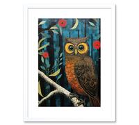 Artery8 Wall Art Print Horned Owl on Blue Artwork Autumn Tones Detailed Oil Painting Hoot Artwork Framed 9X7 Inch in White | Size: W7" x H9" Artery8 White W7" x H9"