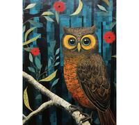 Artery8 Wall Art Print Horned Owl on Blue Artwork Autumn Tones Detailed Oil Painting Hoot Poster | Size: W12" x H16" Artery8 Blue W12" x H16"