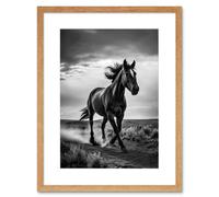 Artery8 Wall Art Print Horse Galloping Desert Landscape Black & White Artwork Framed 9X7 Inch in Beige | Size: W7" x H9" Artery8 Beige W7" x H9"