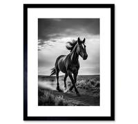Artery8 Wall Art Print Horse Galloping Desert Landscape Black & White Artwork Framed 9X7 Inch | Size: W7" x H9" Artery8 Black W7" x H9"