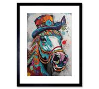 Artery8 Wall Art Print Horse Hippie In Multicoloured Bridles And Top Hat Artwork Framed 9X7 Inch