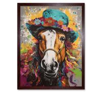 Artery8 Wall Art Print Horse Wearing a Flower Summer Hat Multicoloured Art Framed in Brown | Size: W12" x H16" Artery8 Brown W12" x H16"