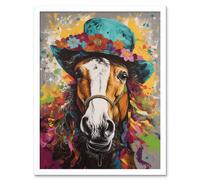 Artery8 Wall Art Print Horse Wearing a Flower Summer Hat Multicoloured Art Framed in White | Size: W12" x H16" Artery8 White W12" x H16"
