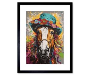Artery8 Wall Art Print Horse Wearing A Flower Summer Hat Multicoloured Artwork Framed 9X7 Inch