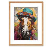 Artery8 Wall Art Print Horse Wearing a Flower Summer Hat Multicoloured Artwork Framed 9X7 Inch in Beige | Size: W7" x H9" Artery8 Beige W7" x H9"