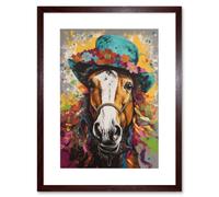 Artery8 Wall Art Print Horse Wearing a Flower Summer Hat Multicoloured Artwork Framed 9X7 Inch in Brown | Size: W7" x H9" Artery8 Brown W7" x H9"