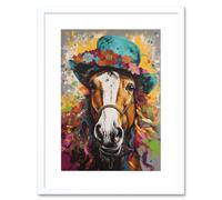 Artery8 Wall Art Print Horse Wearing a Flower Summer Hat Multicoloured Artwork Framed 9X7 Inch in White | Size: W7" x H9" Artery8 White W7" x H9"
